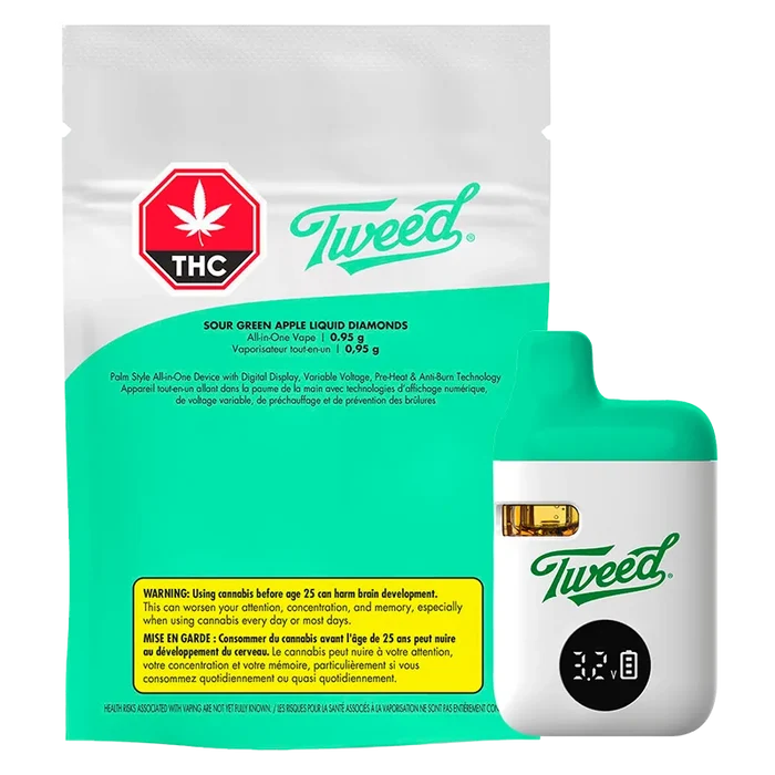 Front-facing view of the Tweed Sour Green Apple Liquid Diamonds Disposable Vape with its teal-and-white device alongside matching teal packaging.