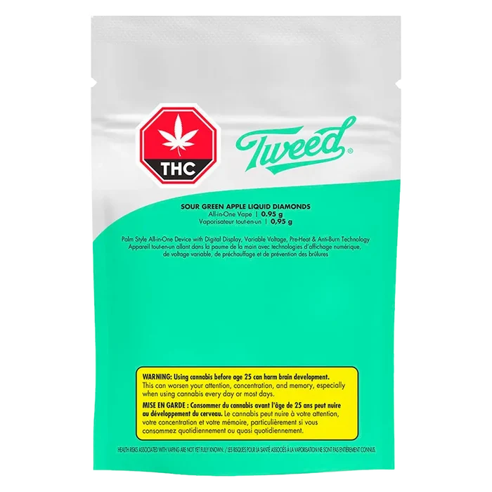 Front-facing pouch shot of the Sour Green Apple Liquid Diamonds Disposable Vape packaging with a teal lower half, white upper area and prominent Tweed logo.