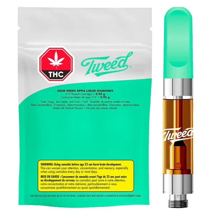 Front view of the Sour Green Apple Liquid Diamonds Vape Cartridge by Tweed, showing the teal-capped cartridge with amber oil beside its matching teal and white branded pouch.