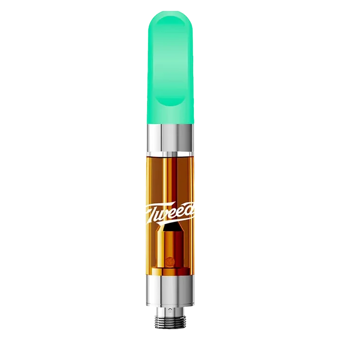 Vertical close-up of the Sour Green Apple Liquid Diamonds Vape Cartridge showing its translucent amber chamber and mint-green mouthpiece against a white background.