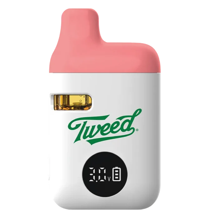 Front view of the Sour Raspberry Liquid Diamond Vape Cartridge by Tweed with a coral mouthpiece, white body, visible amber liquid window, and digital display
