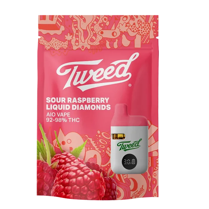 Front view of the Sour Raspberry Liquid Diamond Vape Cartridge Tweed pouch showing bold logo, raspberries and a small pink-and-white vape device.