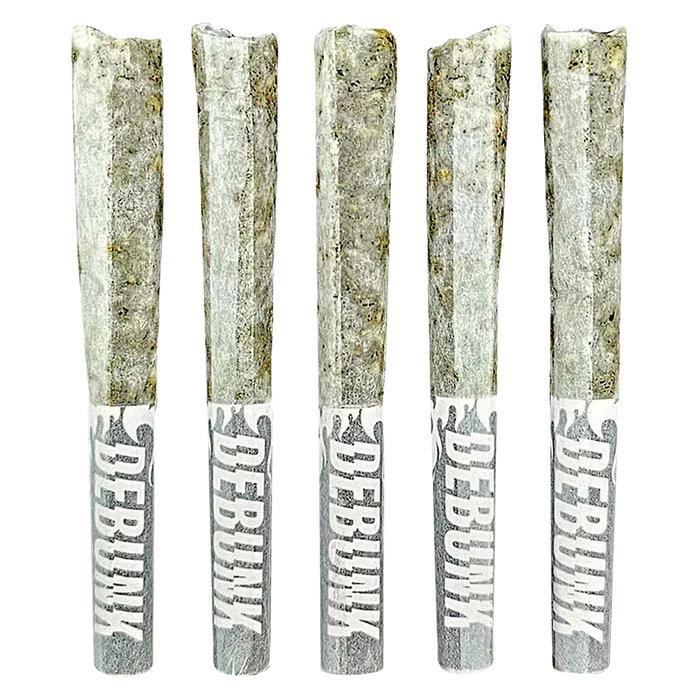 Five pre-rolled joints in a row, close-up of the Sour Zkz Bubble Hash Coated Infused PR 5 x 0.5 g showing textured coating and branded white tips.