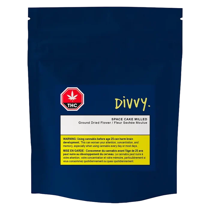Front-facing shot of the navy resealable pouch labeled "Divvy. Space Cake Milled" with THC symbol and yellow warning box near the bottom