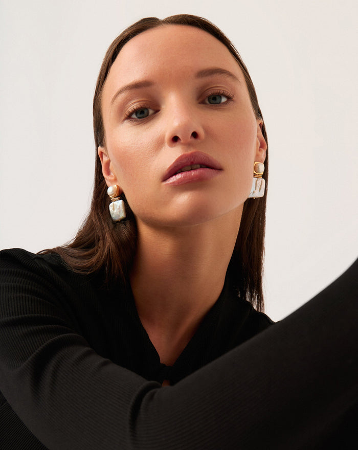 Square Pearl Statement Stud Earrings | 18ct Gold Plated/Pearl Earrings Missoma