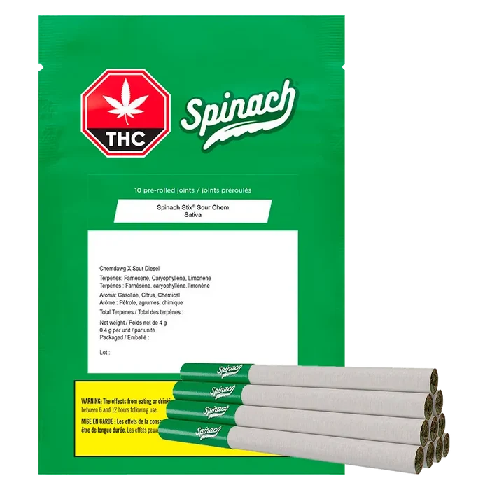 Front view of a green package and stacked pre-rolls showing the STIX Sour Chem PR 10 x 0.4 g branding and white label details.