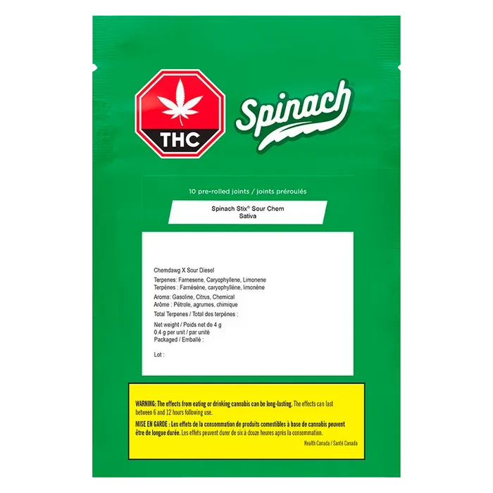 Flat front view of the green packet labeled STIX Sour Chem PR 10 x 0.4 g with a red THC stop sign and white Spinach logo.