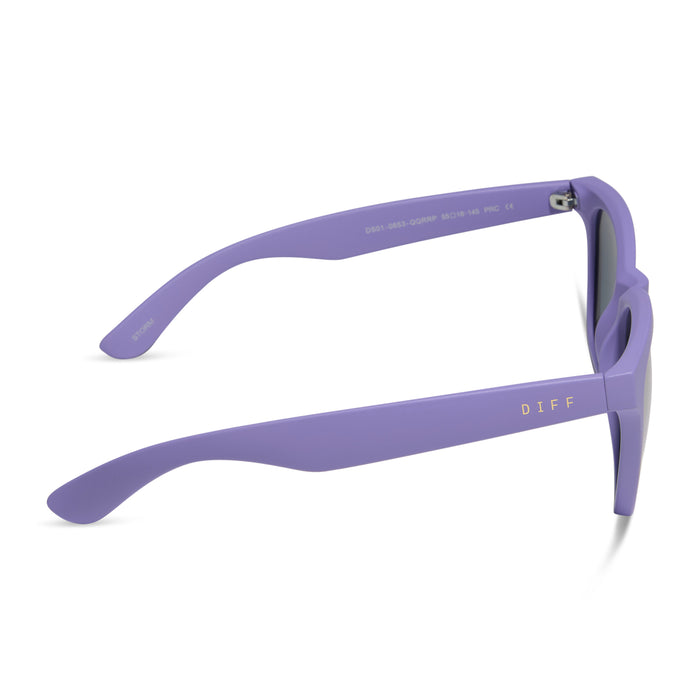 diff sport featuring the storm square sunglasses with a matte lavender frame and lavender mirror polarized lenses side view
