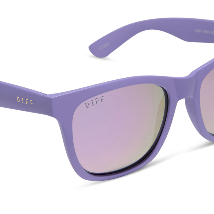 diff sport featuring the storm square sunglasses with a matte lavender frame and lavender mirror polarized lenses detailed view