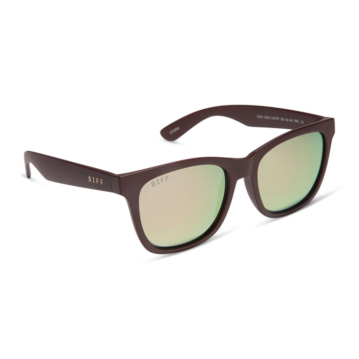diff sport featuring the storm square sunglasses with a matte rugby red frame and taupe mirror polarized lenses angled view