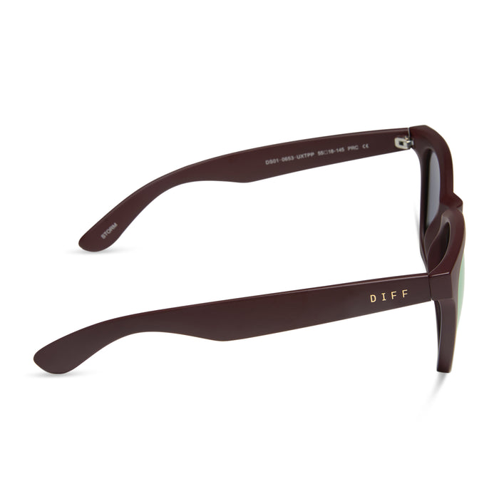 diff sport featuring the storm square sunglasses with a matte rugby red frame and taupe mirror polarized lenses side view