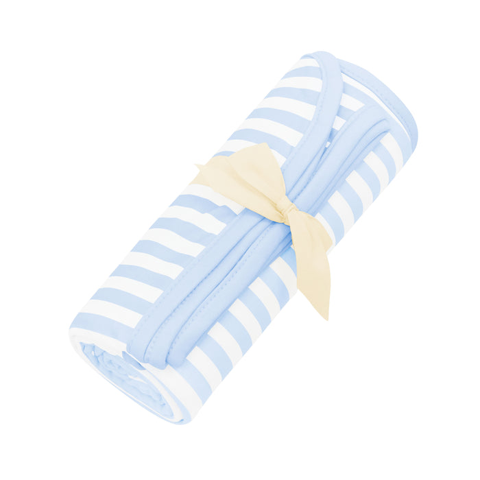 Swaddle Blanket in Small Mist Stripe shown rolled in its packaging