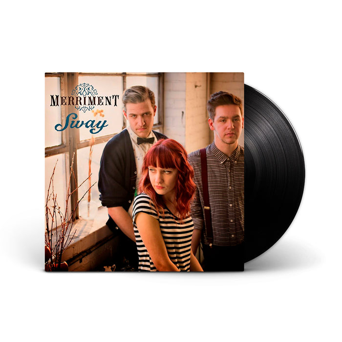 A Black Limited Pressing LP from Merriment, titled Sway, stands upright; its cover features two men and a red-haired woman in a striped shirt together in a sunlit room.