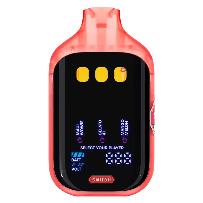 Top-down view of a red Switch V5 Triple Chamber Tropical Disposable Vape showing three yellow chamber windows and a glossy black front display with blue LED text.