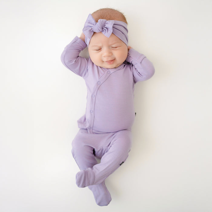 Baby wearing Take Me Home Set with Bow in Taro Purple