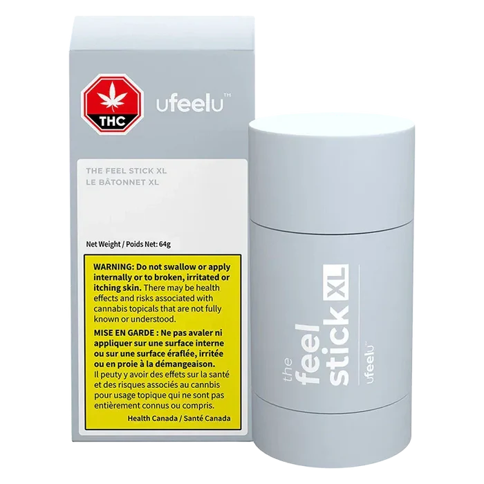 Product shot of ufeelu The Feel Stick XL showing a front-facing grey cylindrical tube beside its box on a white background.