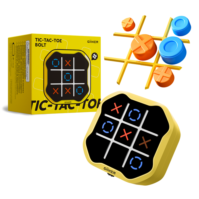 Tic-tac-toe board game with pieces and packaging on a white background