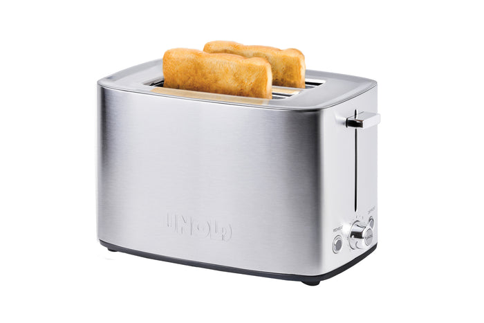 Der Unold Toaster Thommy aus Edelstahl bietet Platz für zwei Brotscheiben und verfügt über einen Hebel und seitliche Bedienknöpfe, die auf weißem Hintergrund abgebildet sind.