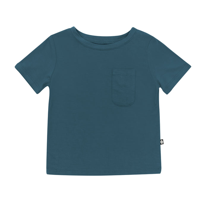 Product photo of the Toddler Crew Neck Tee in Atlantic with the chest pocket visible