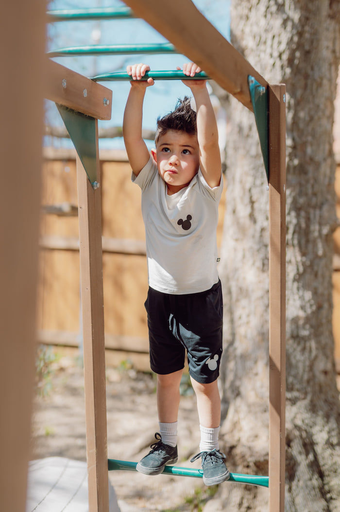 Child on a playground monkey bar with a natural background