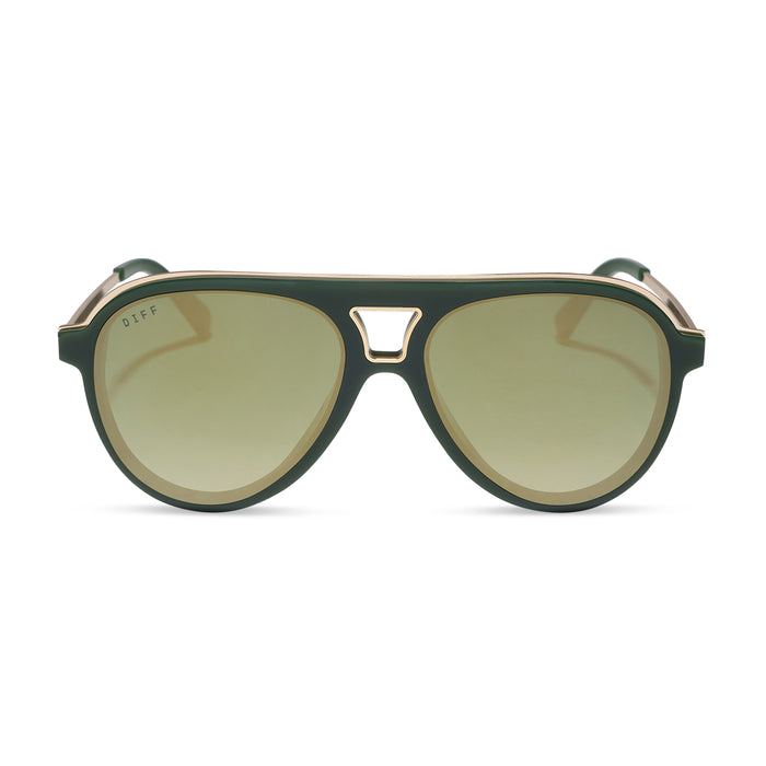 diff eyewear featuring the tosca iii aviator sunglasses with a fairway green acetate with gold accentsframe  and aloe green gradient w/ light gold flash lenses front view