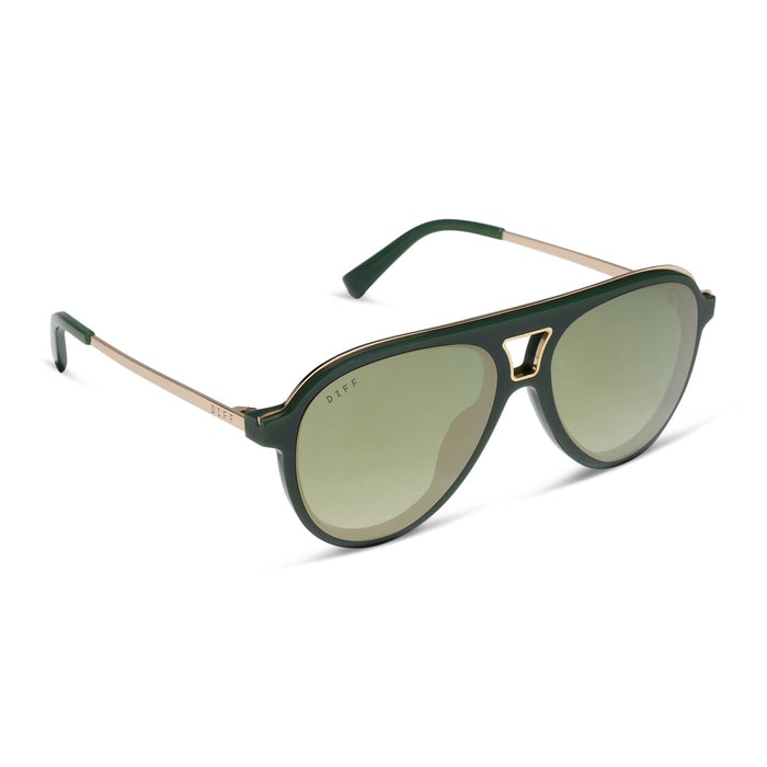 diff eyewear featuring the tosca iii aviator sunglasses with a fairway green acetate with gold accentsframe  and aloe green gradient w/ light gold flash lenses angled view