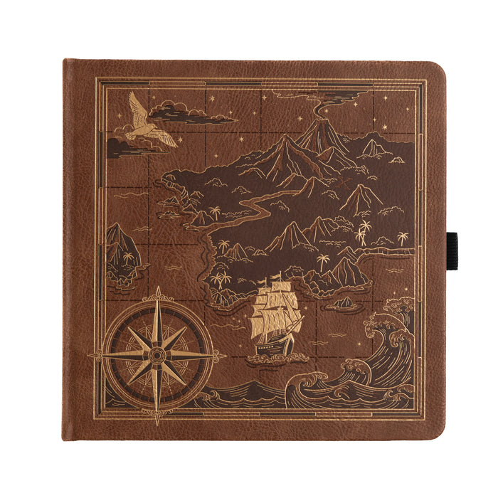 Brown leather-bound book with map design on a white background