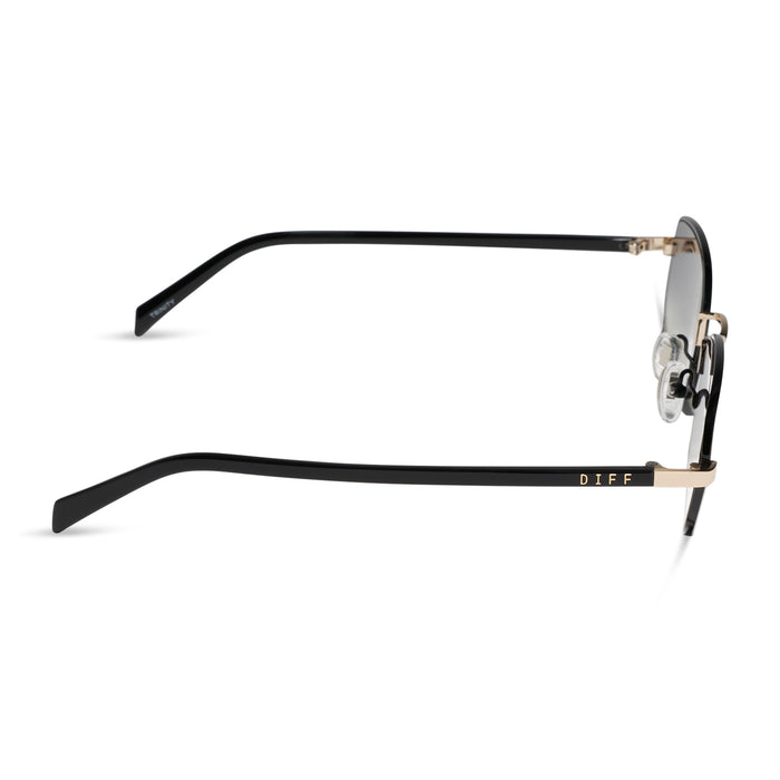 rachael kirkconnell x diff eyewear naomi square sunglasses with a black and gold metal frame and grey gradient lenses side view