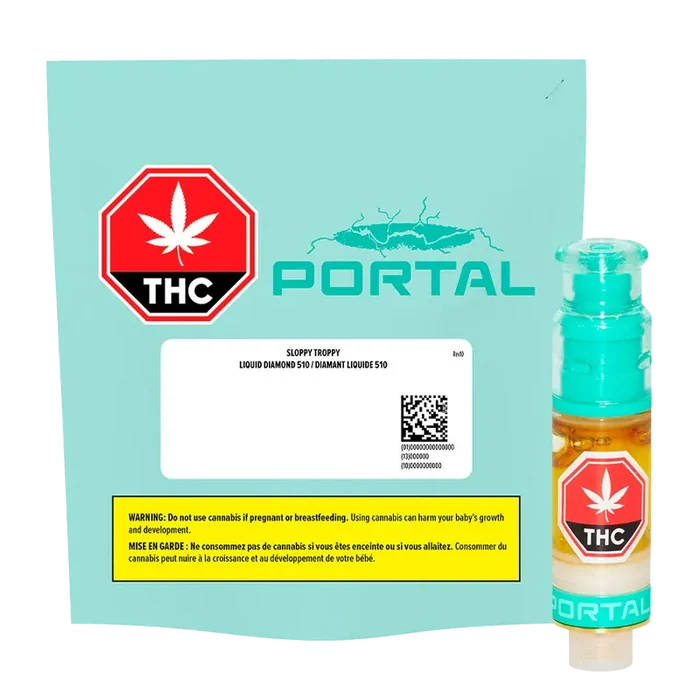 Pack-front view of the Sloppy Troppy Liquid Diamond Vape Cartridge against a teal Portal-branded box, with the cartridge standing upright to the right.
