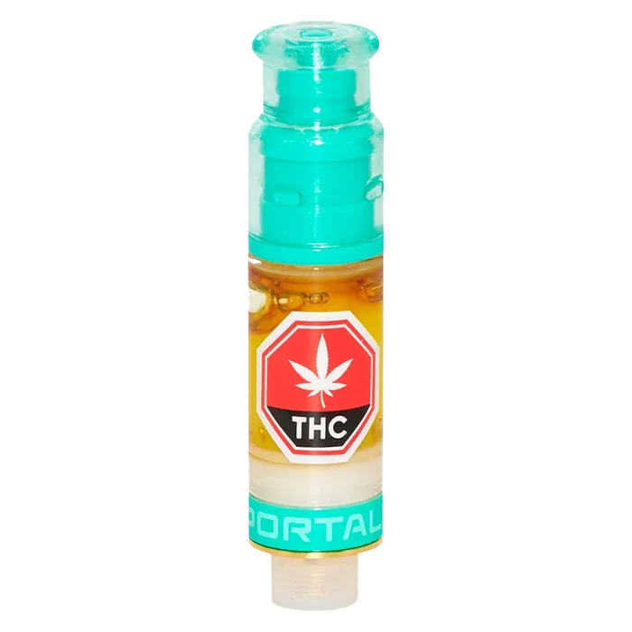 Close-up front view of the Sloppy Troppy Liquid Diamond Vape Cartridge showing amber oil, teal mouthpiece, and a red THC label.
