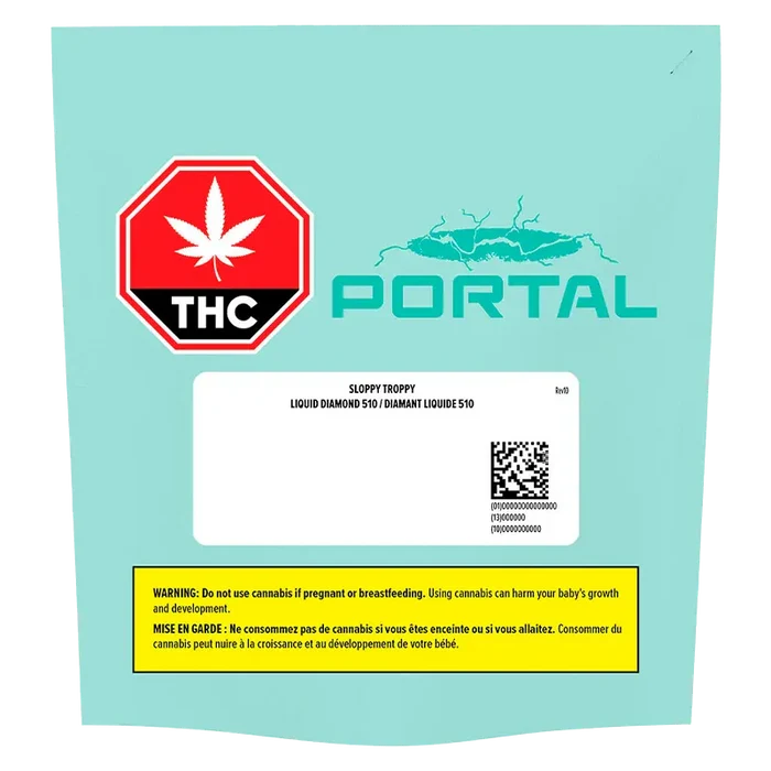 Square front-facing shot of the Portal Sloppy Troppy Liquid Diamond Vape Cartridge pouch on a teal background with a red THC stop sign and yellow warning box.