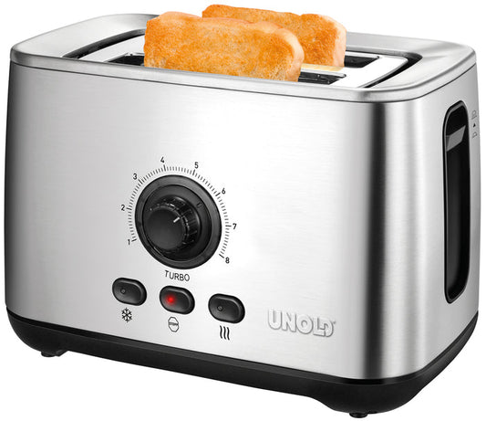 Der Unold Turbo Toaster B-Ware verfügt über zwei Brotschlitze, eine Frontplatte mit großem Drehregler, drei Tasten, Kontrollleuchten und dem Unold-Logo in der unteren rechten Ecke.