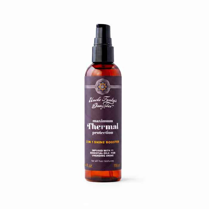 A bottle of Uncle Funky's Daughter 3 in 1 Shine Booster with a label indicating it's a thermal protection product, designed for enhancing shine, strength, and reducing frizz.