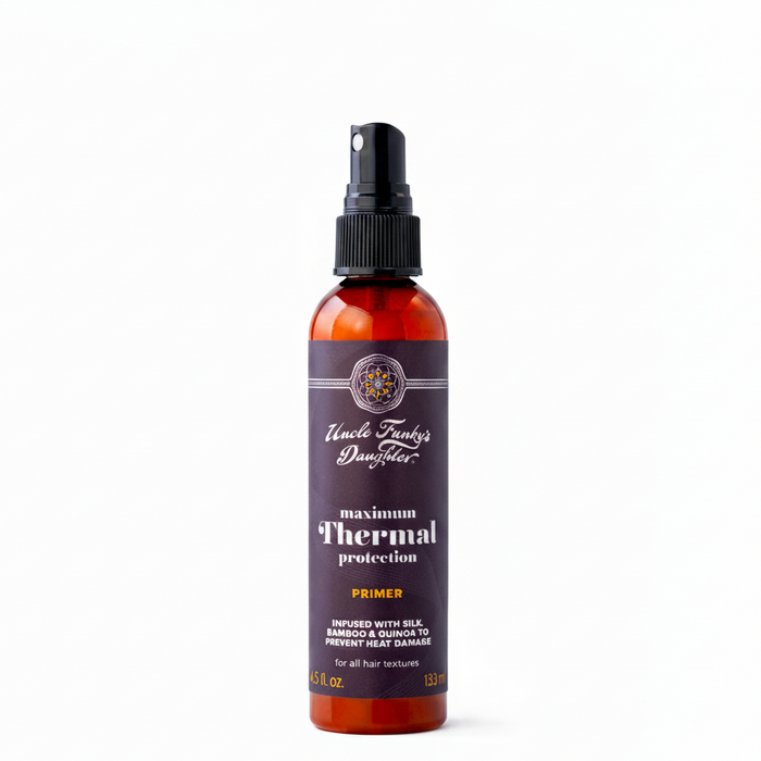 A spray bottle of Uncle Funky's Daughter Primer with maximum thermal protection, intended for use before styling to protect hair from heat damage.