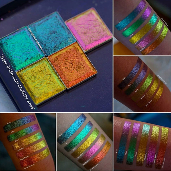 Collage of Deep Iridescent Multichrome Eyeshadow Bundle alongside arm swatches of Vermilion Deep Iridescent Multichrome Eyeshadow shifts compared to Azure, Verte, Ochre, Burnt Sienna