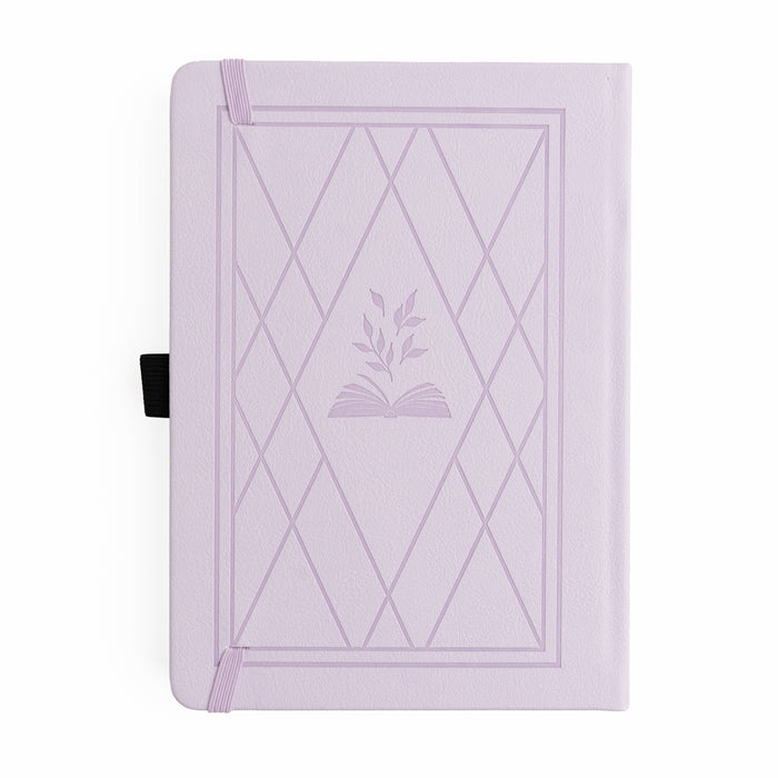 Lavender notebook with geometric design and leaf emblem on a white background