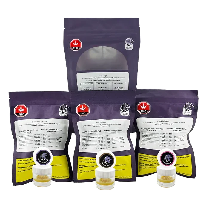 Front-facing shot of three small clear jars of caviar in front of four upright purple pouches, showing labels and red THC icons for Virtue Caviar Flight Caviar