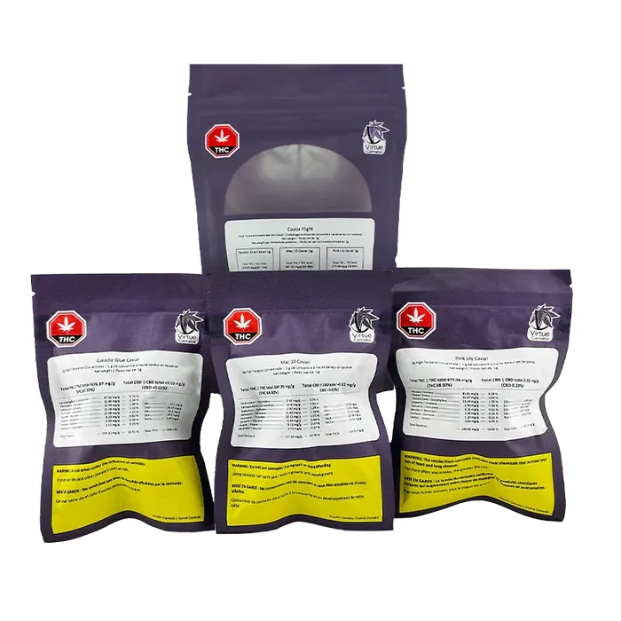 Three-quarter front view of three purple resealable pouches labeled Virtue Caviar Flight Caviar with white product panels and THC symbols.