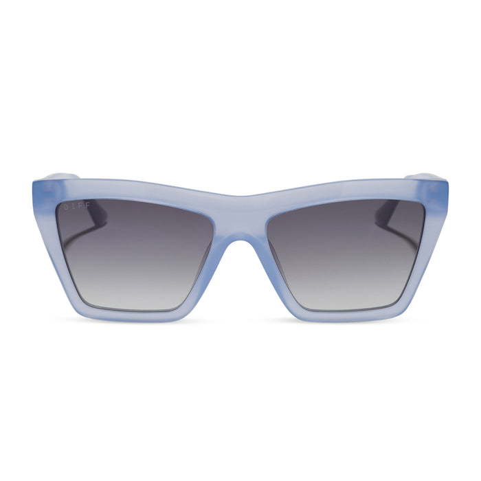 jessie james decker x diff eyewear featuring the vivi cateye sunglasses with a milky blue pearl frame and grey gradient lenses front view