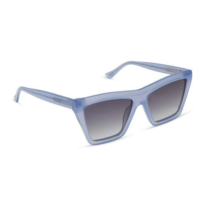 jessie james decker x diff eyewear featuring the vivi cateye sunglasses with a milky blue pearl frame and grey gradient lenses angled view