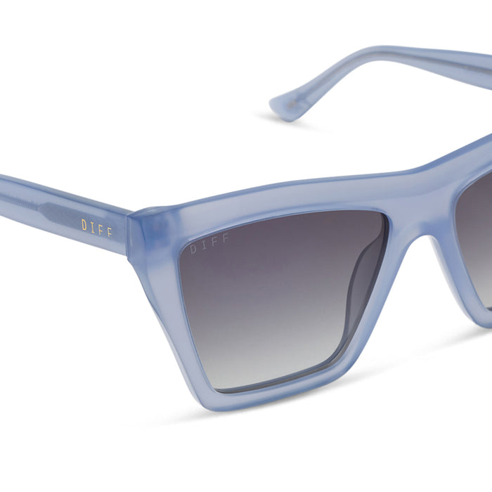 jessie james decker x diff eyewear featuring the vivi cateye sunglasses with a milky blue pearl frame and grey gradient lenses detailed view
