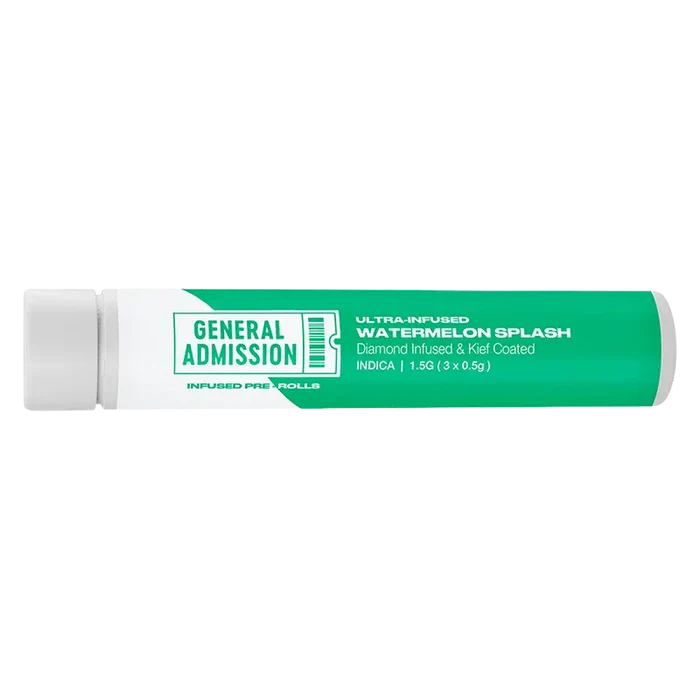 Horizontal studio shot of the Watermelon Splash Diamond Infused PR 3 x 0.5 g tube with green-and-white "General Admission" label centered on a white background