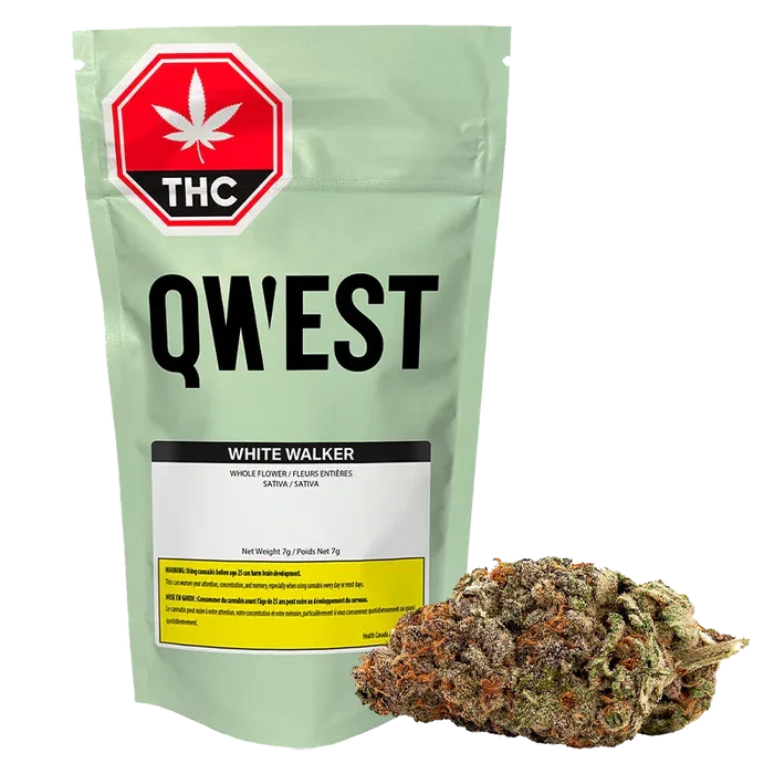 Front-facing pouch and a close-up cannabis bud displayed at the base of the White Walker Craft pouch, set against a white background.