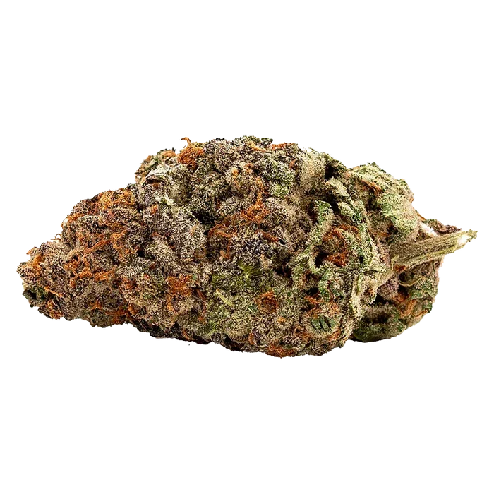 Close-up side view of a single dense, frosty bud with orange hairs and green-purple tones, labeled White Walker Craft