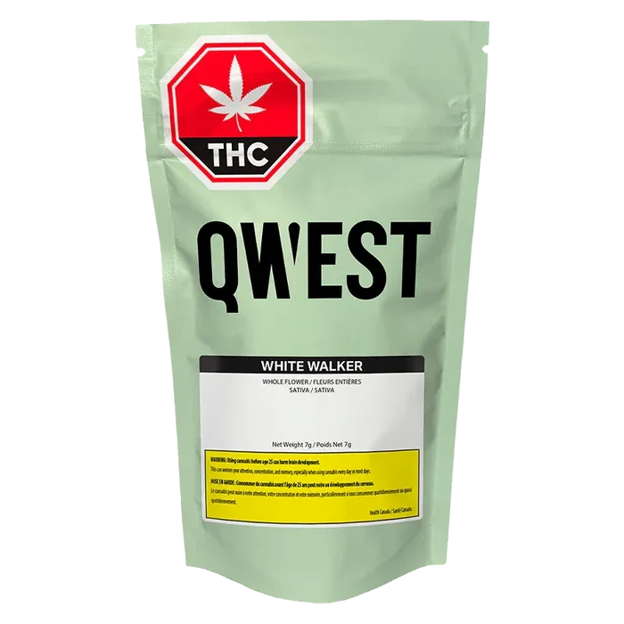 Front-facing shot of a mint-green pouch labeled "QWEST White Walker" with a red THC stop-sign icon at the top.