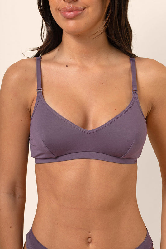 Female modeling the Women's Nursing Bra in Currant