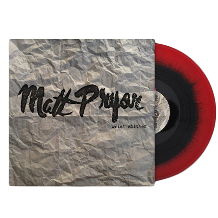 A red haze vinyl LP by Matt Pryor is partially pulled from its crumpled gray cover. Bold black text displays Matt Pryor Wrist Slitter, with smaller text beneath on the eye-catching album sleeve.