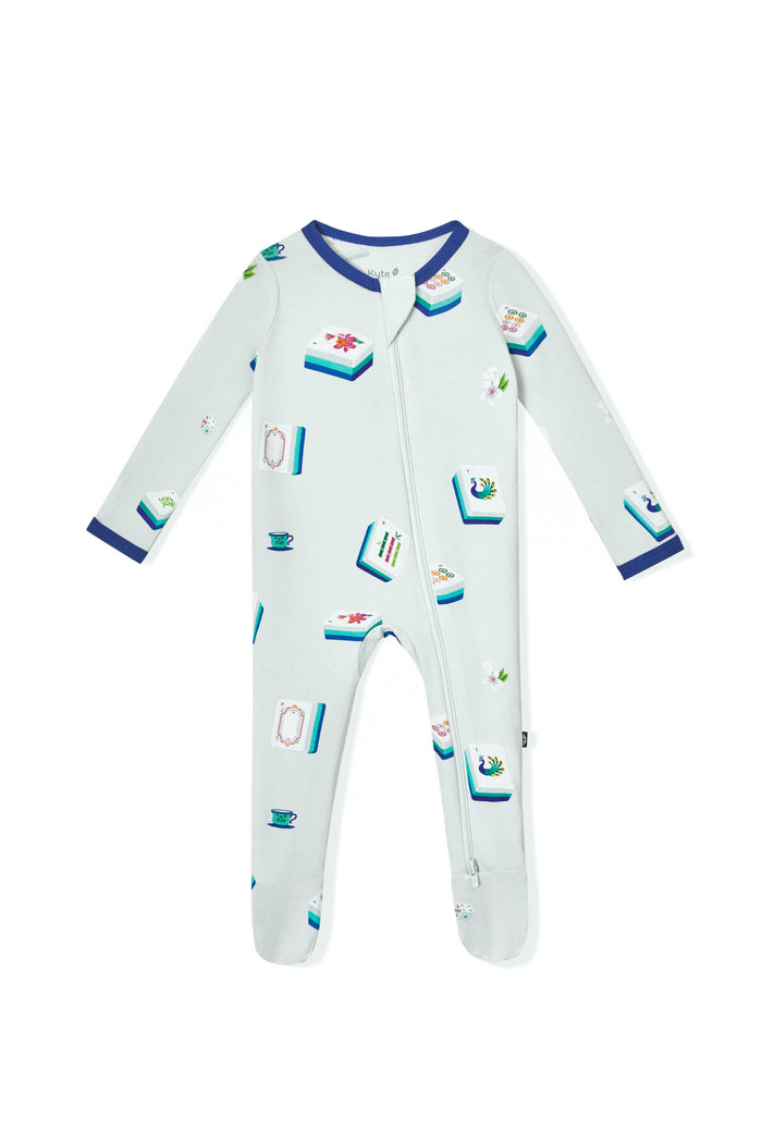 Blue Zippered Footie with Mahjong pattern on a white background
