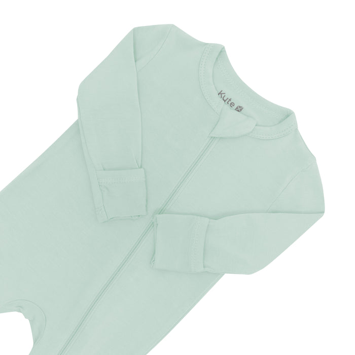 Zipper garage and fold-over cuffs on Zippered Romper in Sage