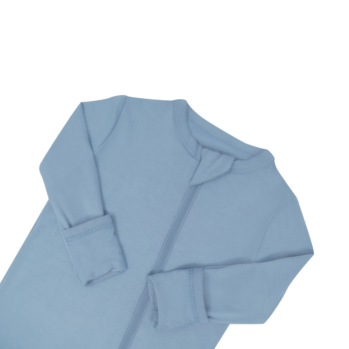 Close up of zipper garage and fold-over cuffs on the Zippered Romper in Slate